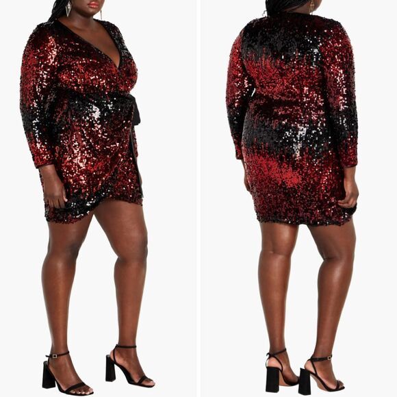 New City Chic Irresistible Sequin Long Sleeve Faux Wrap Dress, Red Silver, 18